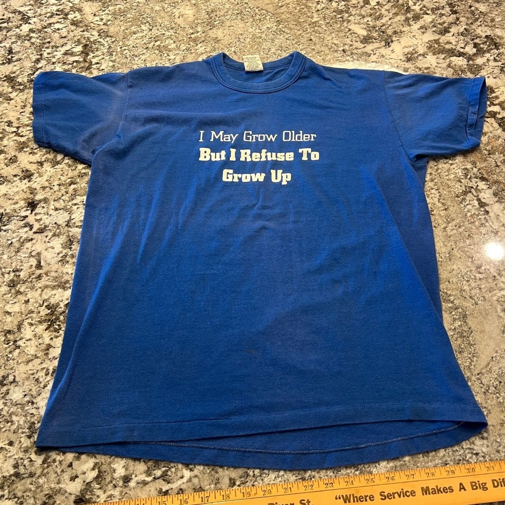 Vintage 1980s Signal Graphic T-Shirt Blue I Refuse To Grow Up XL‎